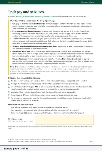 Sample page 11 of 35: Epilepsy and seizures. Opens a larger view.